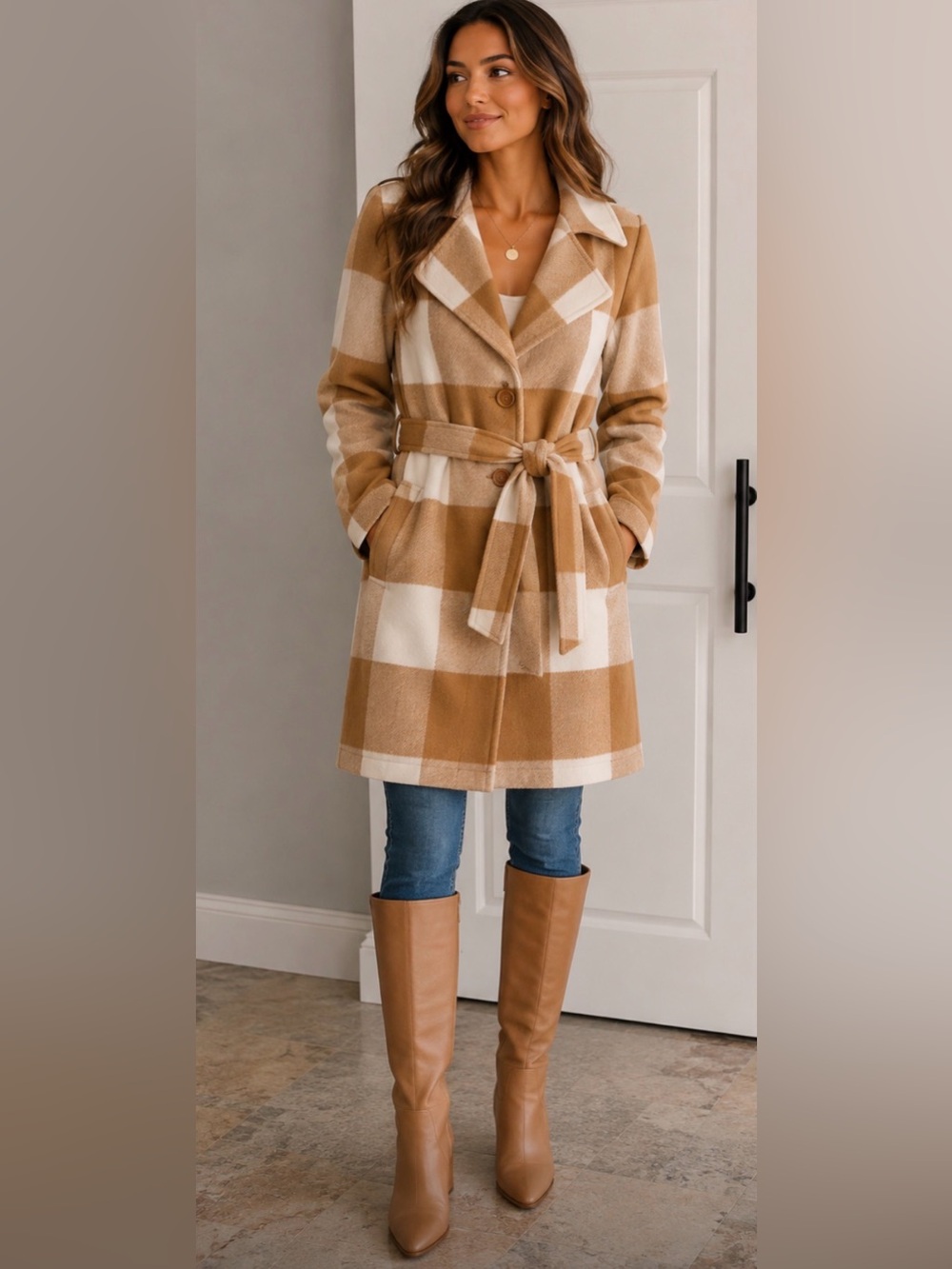 Black Label Camel & Cream Plaid Belted Trench Coat 10P